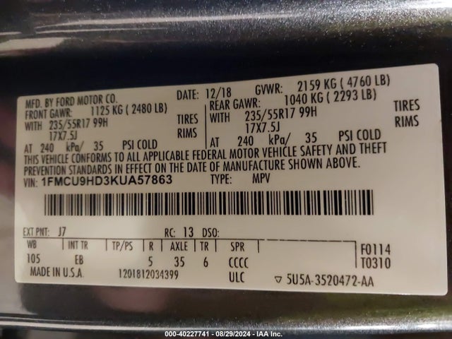 Ford ESCAPE SEL 2019 1FMCU9HD3KUA57863 Image 9