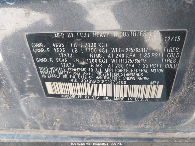 Subaru Outback 2.5i Premium 2016 4S4BSACC8G3276400 Image 9