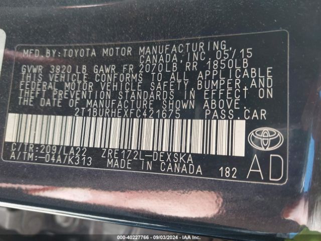 2T1BURHEXFC421675 Toyota Corolla S Premium
