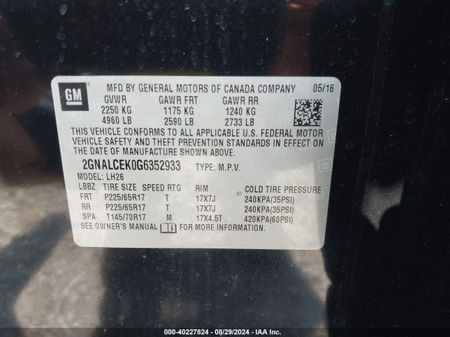 Chevrolet EQUINOX LT 2016 2GNALCEK0G6352933 Image 9