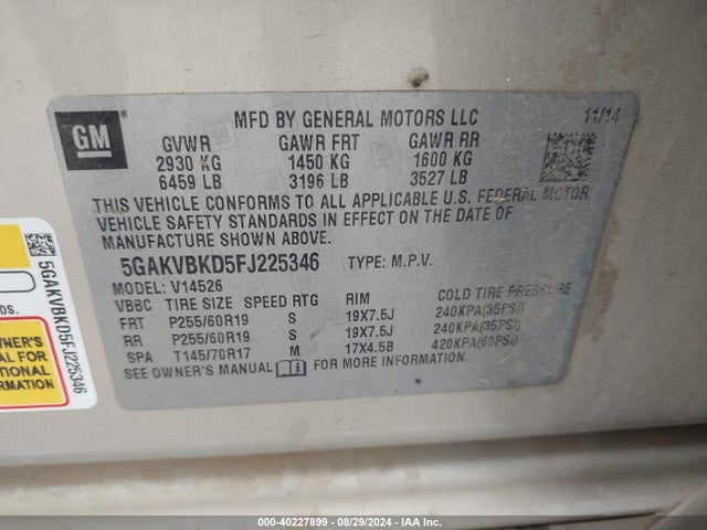 Buick Enclave Leather 2015 5GAKVBKD5FJ225346 Image 9