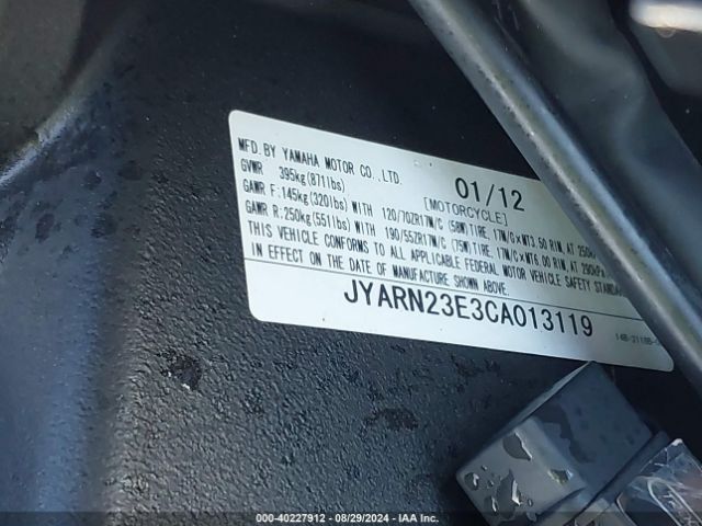 2012 YAMAHA YZFR1 JYARN23E3CA013119 Photo 9