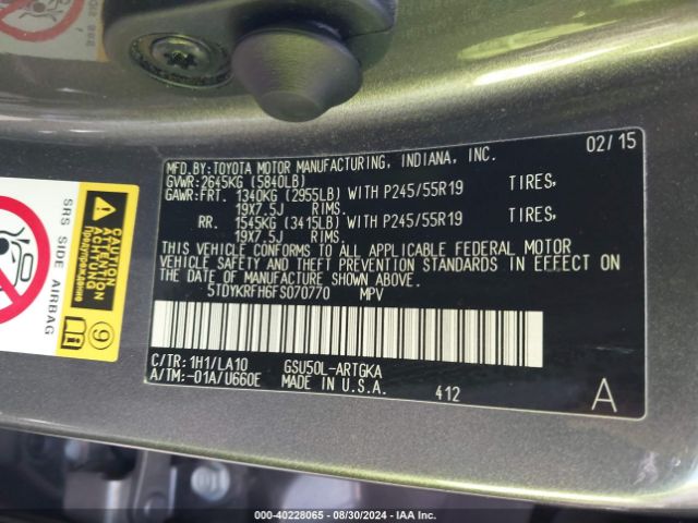 5TDYKRFH6FS070770 Toyota Highlander Limited V6