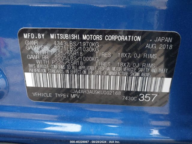 JA4AR3AU9KU002168 Mitsubishi Outlander Sport 2.0 Es