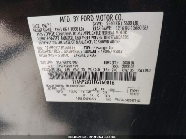 1FAHP2KT1FG160816 Ford TAURUS SHO