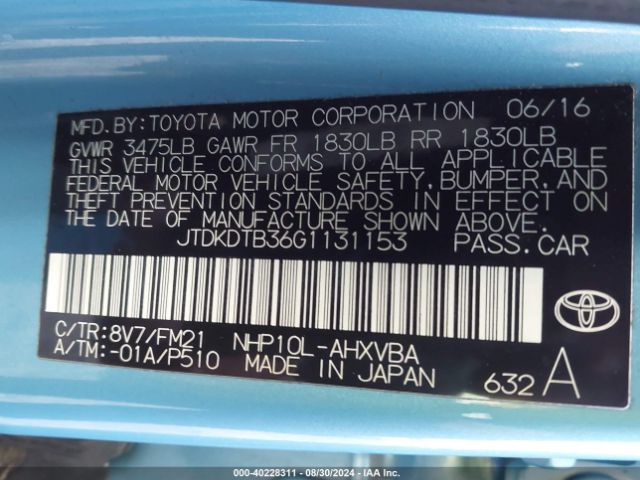 JTDKDTB36G1131153 Toyota Prius C Two
