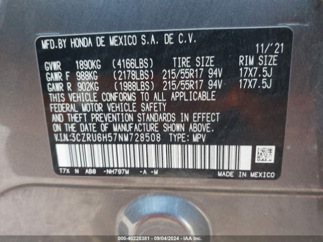 3CZRU6H57NM728508 Honda Hr-v Awd Ex
