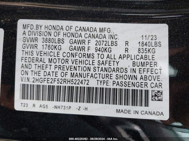 Honda Civic Sport 2024 2HGFE2F52RH522472 Image 9