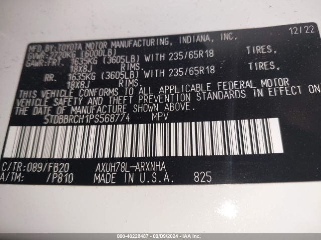 5TDBBRCH1PS568774 Toyota Highlander Hybrid Le