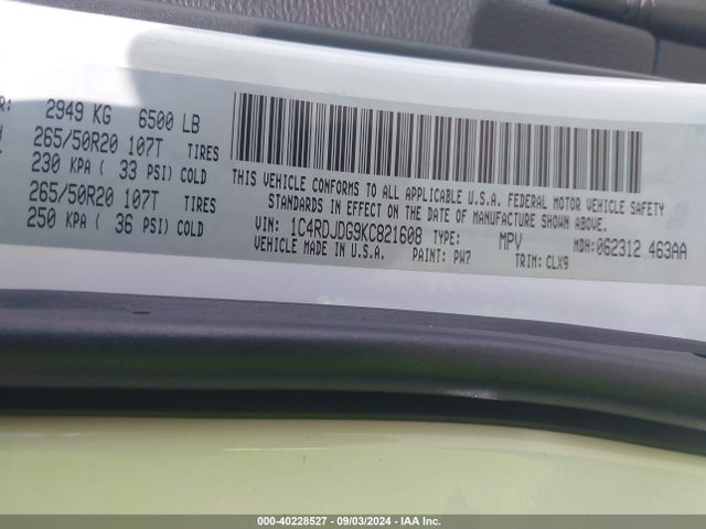 1C4RDJDG9KC821608 Dodge Durango Gt Plus Awd