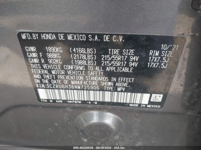 3CZRU6H36NM725906 Honda Hr-v Awd Lx