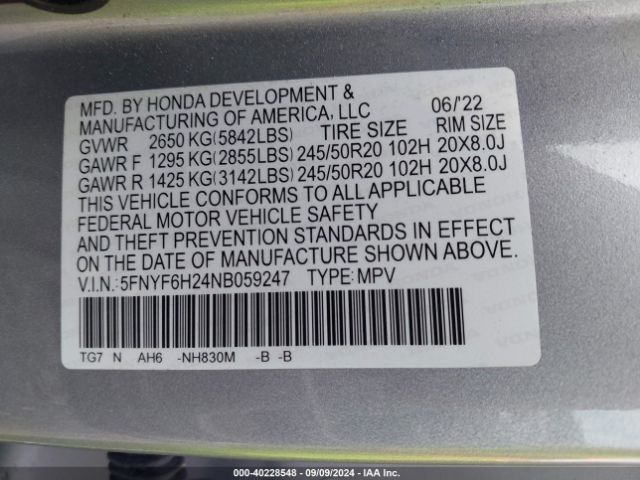 5FNYF6H24NB059247 Honda Pilot Awd Special Edition