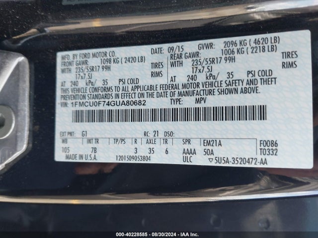 Ford ESCAPE S 2016 1FMCU0F74GUA80682 Image 9
