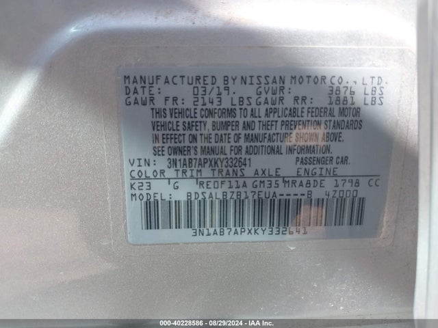 Nissan SENTRA S 2019 3N1AB7APXKY332641 Image 9