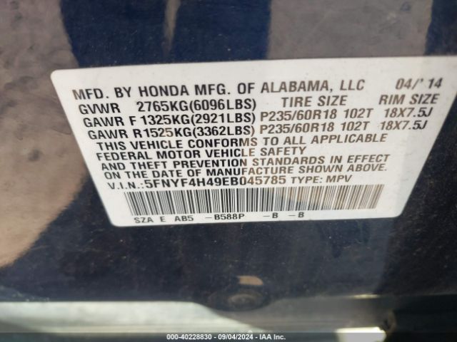 5FNYF4H49EB045785 Honda Pilot Ex