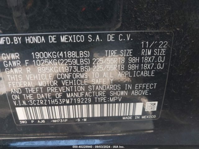 3CZRZ1H53PM719229 Honda Hr-v 2wd Sport