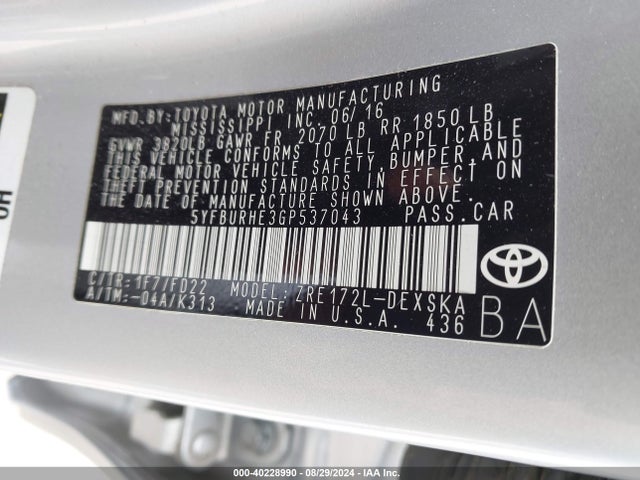 Toyota Corolla S Plus 2016 5YFBURHE3GP537043 Image 9