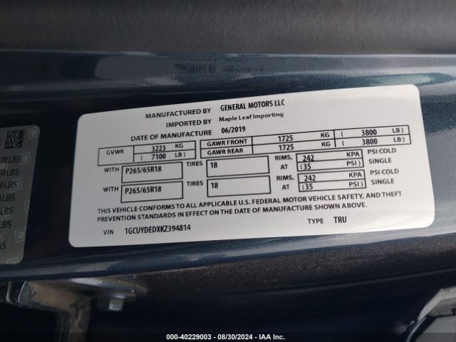 1GCUYDEDXKZ394814 Chevrolet Silverado 1500 Lt