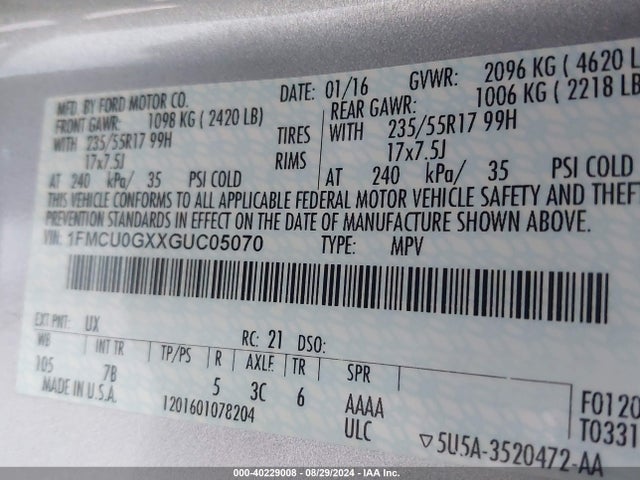 Ford ESCAPE SE 2016 1FMCU0GXXGUC05070 Image 9