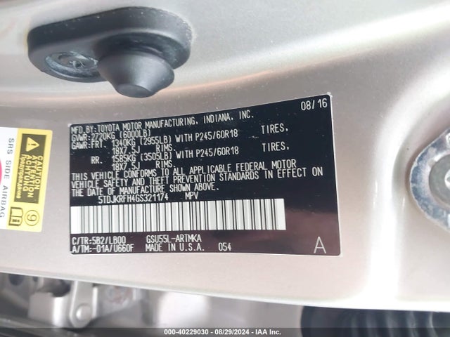 Toyota Highlander Xle V6 2016 5TDJKRFH4GS321174 Image 9