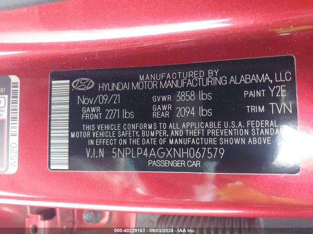 5NPLP4AGXNH067579 Hyundai Elantra Limited