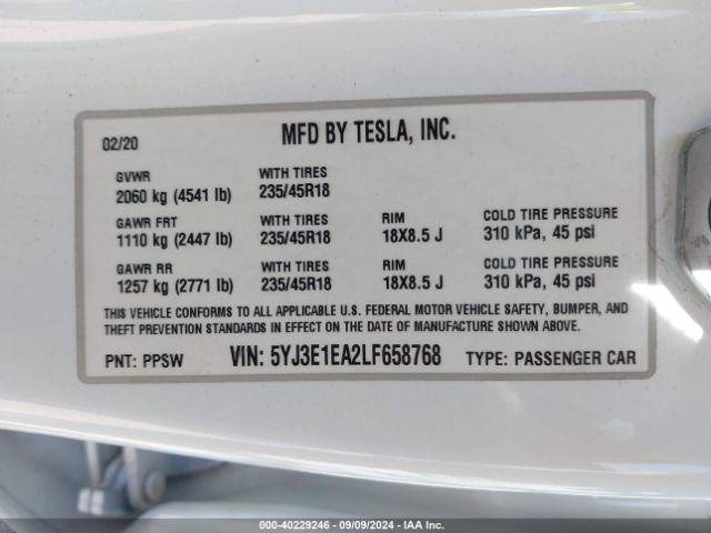 5YJ3E1EA2LF658768 Tesla Model 3 Standard Range Plus Rear-wheel Drive/standard Range Rear-wheel Drive