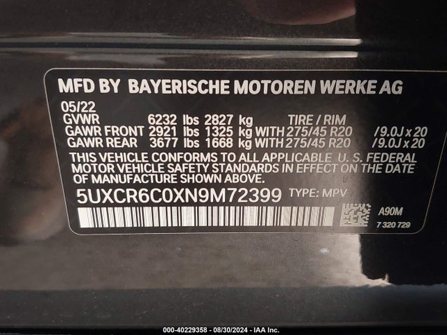 5UXCR6C0XN9M72399 BMW X5 Xdrive40i
