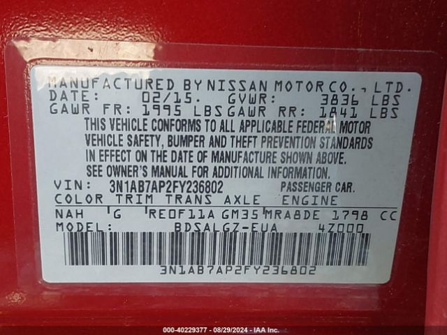 3N1AB7AP2FY236802 Nissan SENTRA SL