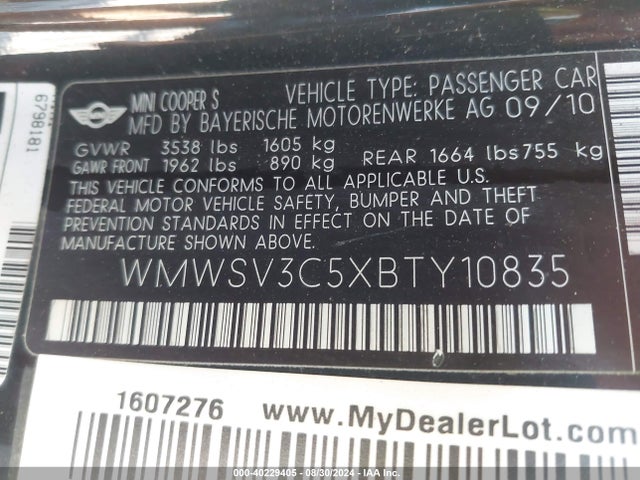 2011 MINI COOPER S WMWSV3C5XBTY10835 Photo 8