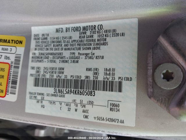3LN6L5A94KR605083 Lincoln Mkz Standard
