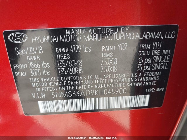5NMS33AD9KH045900 Hyundai Santa Fe Sel Plus