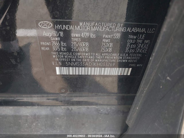 5NMS33AD1KH033269 Hyundai Santa Fe Sel Plus
