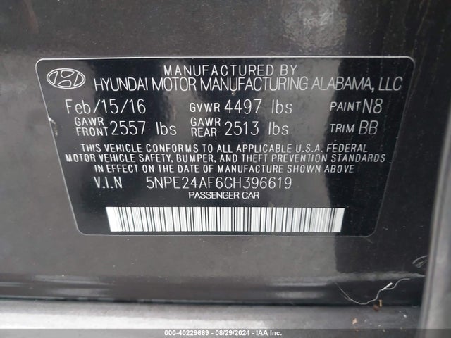 Hyundai Sonata 2016 5NPE24AF6GH396619 Image 9