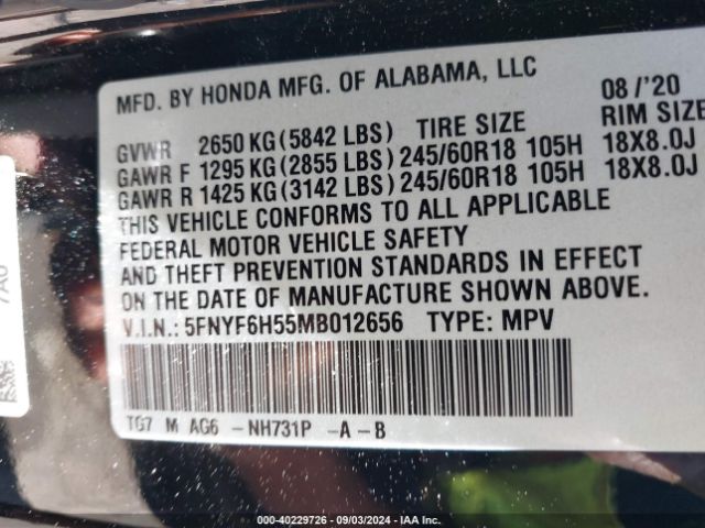 5FNYF6H55MB012656 Honda Pilot Awd Ex-l