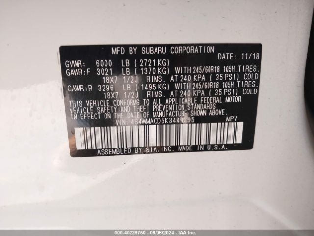 4S4WMACD5K3441395 Subaru Ascent Premium