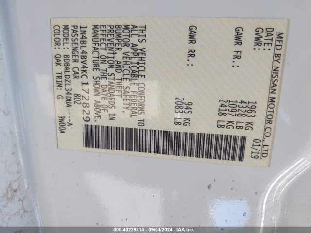 Nissan Altima 2.5 S 2019 1N4BL4BV4KC172829 Image 9