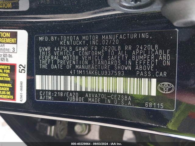 Toyota CAMRY SE 2020 4T1M11AK6LU937593 Image 9