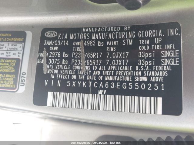 5XYKTCA63EG550251 KIA SORENTO LX