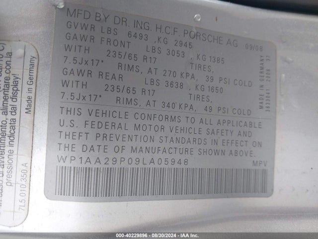 2009 PORSCHE CAYENNE WP1AA29P09LA05948 Photo 8