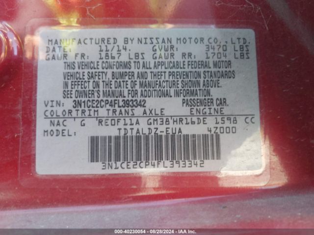3N1CE2CP4FL393342 Nissan Versa Note Sv