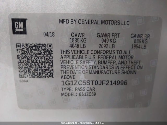 1G1ZC5ST0JF214996 Chevrolet Malibu 1fl