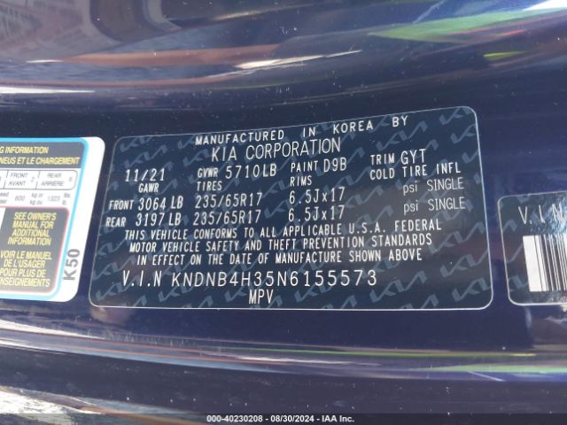 KNDNB4H35N6155573 KIA Carnival Mpv Lx Seat Package