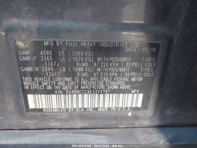 4S4BRCCC9E3324197 Subaru Outback 2.5i Premium