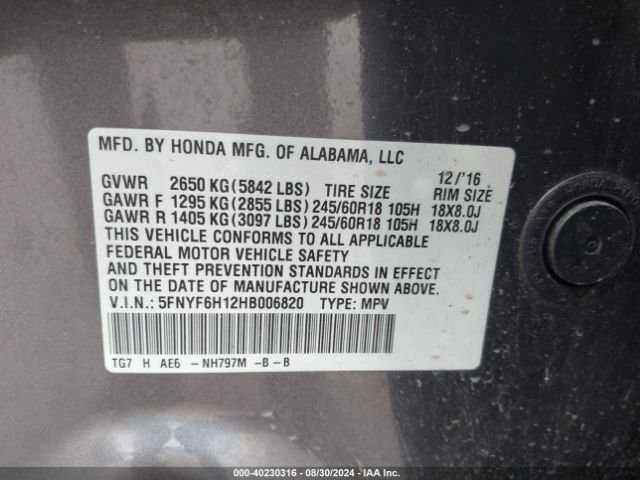 5FNYF6H12HB006820 Honda PILOT LX