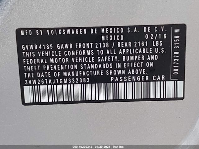 3VW267AJ7GM332383 Volkswagen Jetta 1.4t S