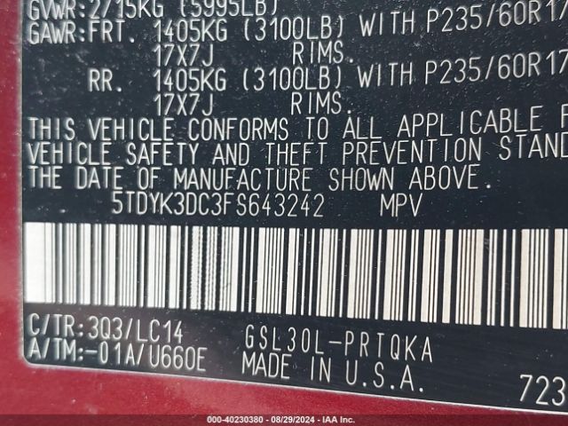 5TDYK3DC3FS643242 Toyota Sienna Xle Premium 8 Passenger