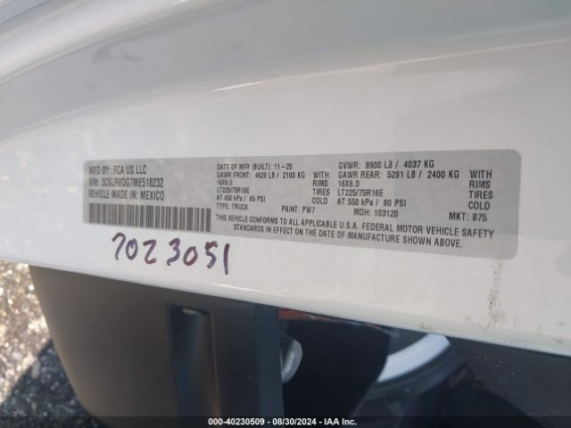 3C6LRVDG7ME518232 RAM Promaster 2500 High Roof 159 Wb
