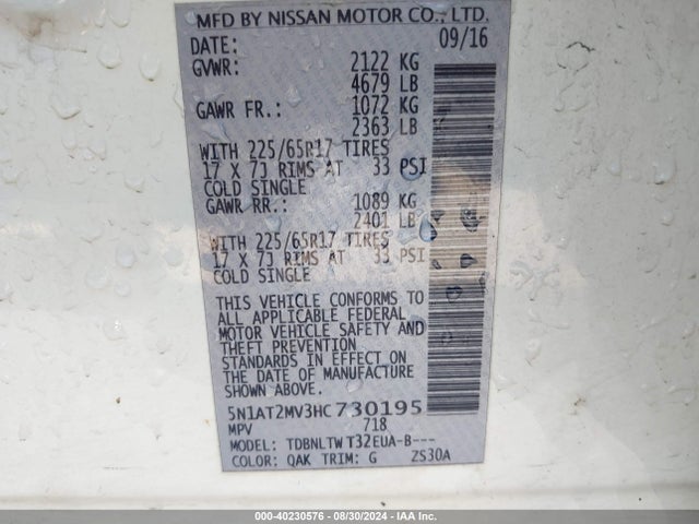 Nissan ROGUE SV 2017 5N1AT2MV3HC730195 Image 9