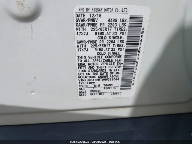 Nissan ROGUE SV 2017 JN8AT2MT0HW388064 Image 9