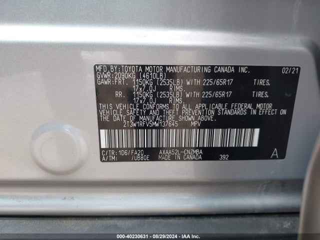 Toyota Rav4 Xle 2021 2T3W1RFV5MW137645 Image 9